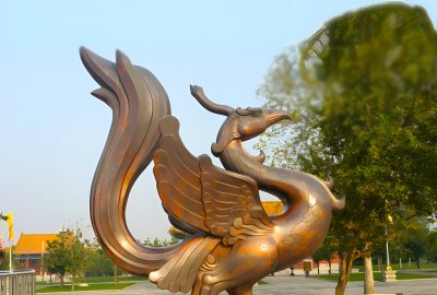 朱雀銅雕，紫銅色鑄銅神獸朱雀雕塑